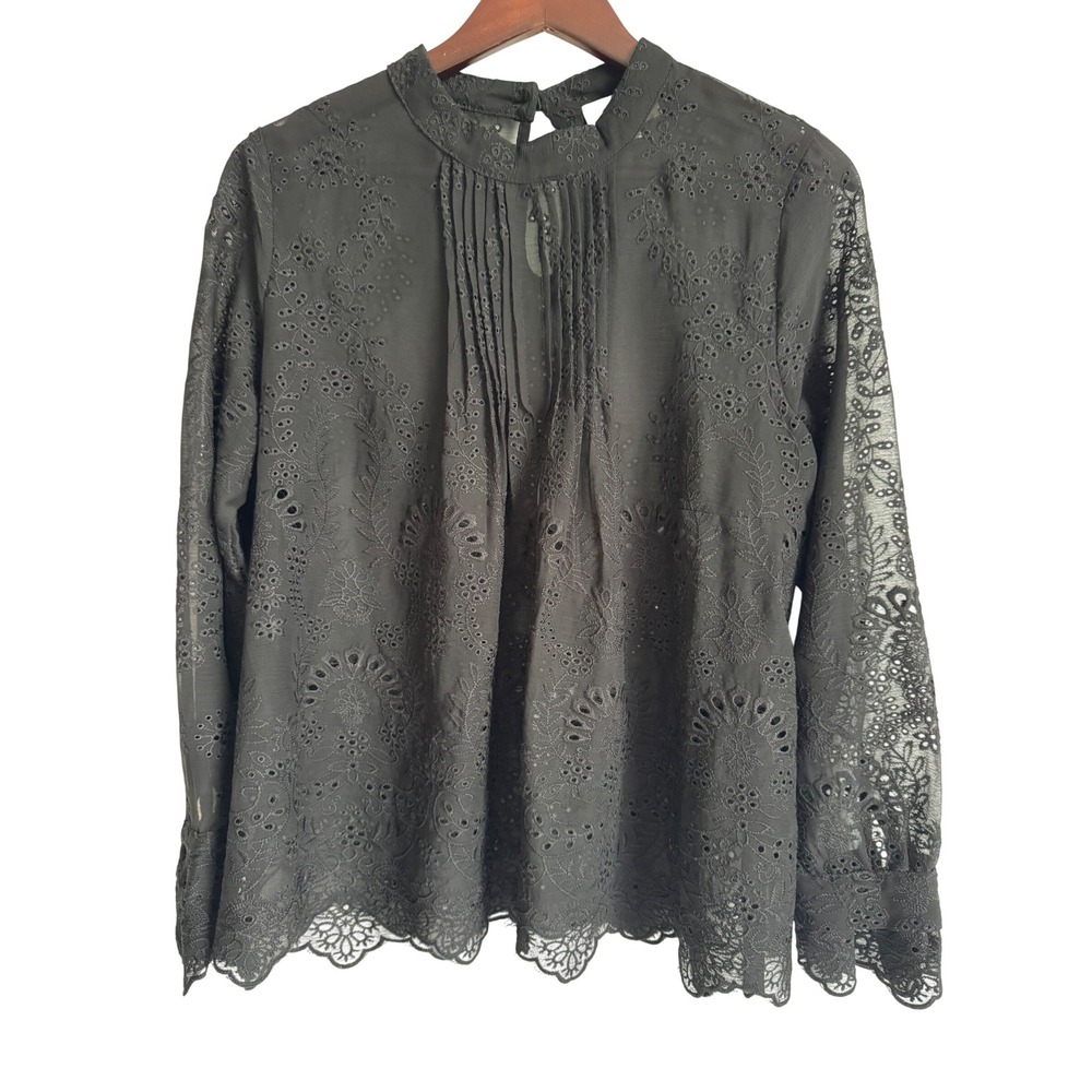 Choklate Paris Black Eyelet Lace Pintuck Mock Neck Blouse Small sheer whimsy
